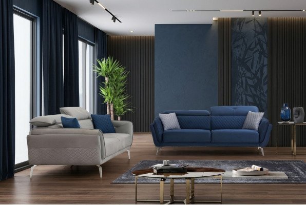 Sofá tapizado de diseñador Conjunto de sofás de tela azul-gris de lujo 2x 3 plazas.