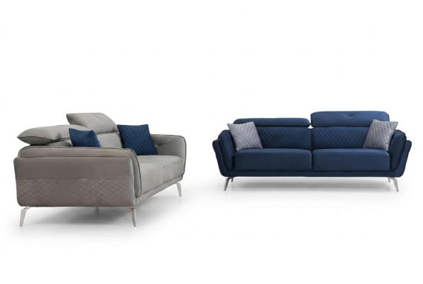 Sofá tapizado de diseñador Conjunto de sofás de tela azul-gris de lujo 2x 3 plazas.