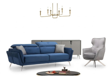Exquisito conjunto de sofás, sofá azul de tres plazas, sillón de diseñador, muebles tapizados.