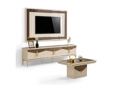 Mueble de salón de lujo con panel de pared para TV, mueble de TV RTV, bajo tablero de oro.