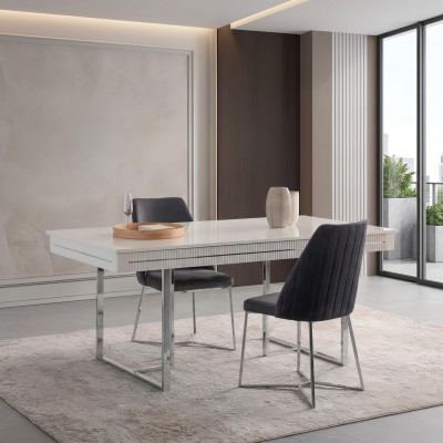 Mesa de comedor moderna extensible de madera blanca para el comedor.
