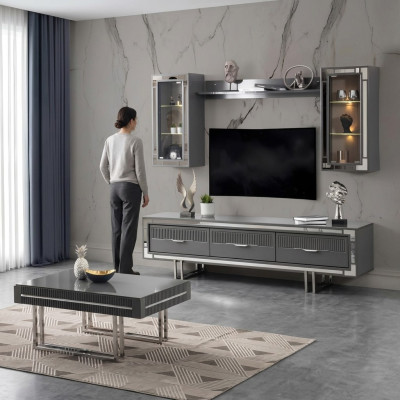Conjunto de 3 piezas en gris: mueble de pared para TV, soporte, armario y mesa de centro.
