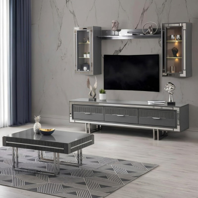 Conjunto de 3 piezas en gris: mueble de pared para TV, soporte, armario y mesa de centro.
