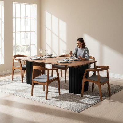 Grupo de comedor, conjunto completo de comedor, mesa de comedor y sillas 7 piezas en color marrón clásico.