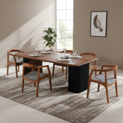 Grupo de comedor, conjunto completo de comedor, mesa de comedor y sillas 7 piezas en color marrón clásico.
