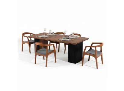 Grupo de comedor, conjunto completo de comedor, mesa de comedor y sillas 7 piezas en color marrón clásico.