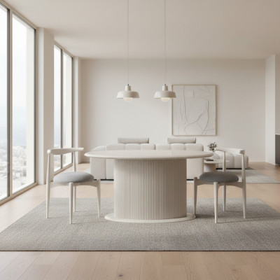 Conjunto de comedor completo moderno de lujo, mesa de comedor y sillas beige de 5 piezas.