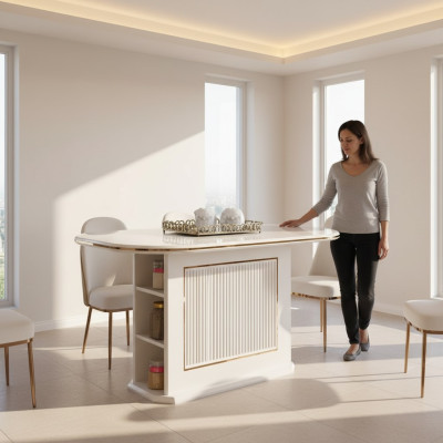 Mesa de comedor moderna de madera beige en el comedor.