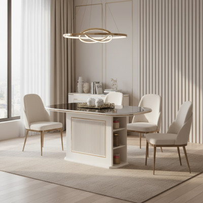 Mesa de comedor moderna de madera beige en el comedor.