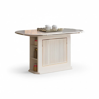 Mesa de comedor moderna de madera beige en el comedor.