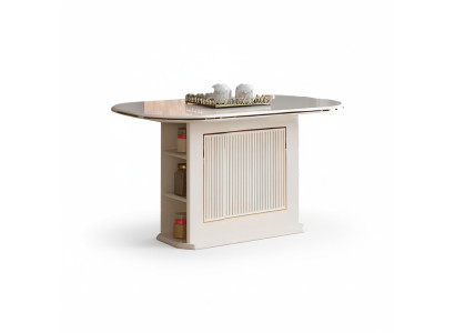 Mesa de comedor moderna de madera beige en el comedor.