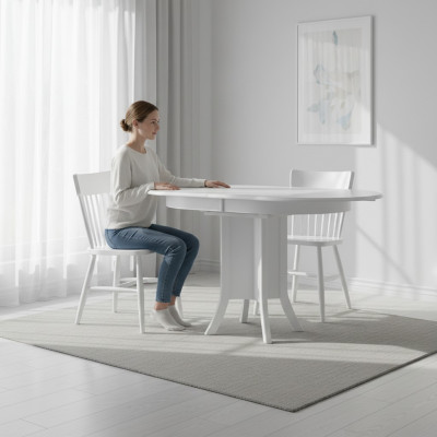 Mesa de comedor extensible en madera blanca de la esquina del comedor.