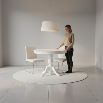 Mesa redonda extensible de comedor, mesa de comedor de madera, mesa blanca.