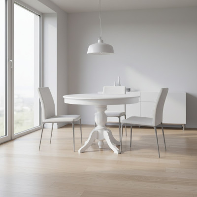 Mesa redonda extensible de comedor, mesa de comedor de madera, mesa blanca.