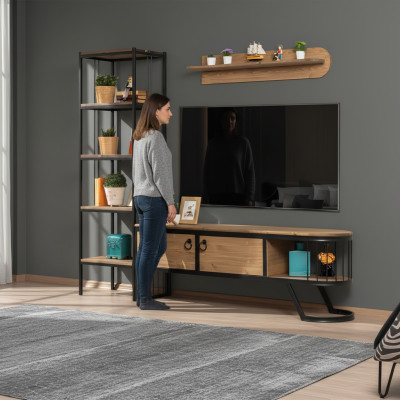 Conjunto de salón soporte de TV estantería mueble bajo para TV madera marrón 3 piezas.