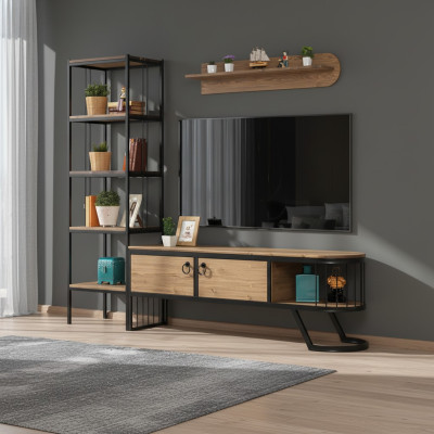 Conjunto de salón soporte de TV estantería mueble bajo para TV madera marrón 3 piezas.