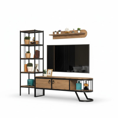 Conjunto de salón soporte de TV estantería mueble bajo para TV madera marrón 3 piezas.