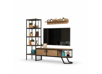 Conjunto de salón soporte de TV estantería mueble bajo para TV madera marrón 3 piezas.