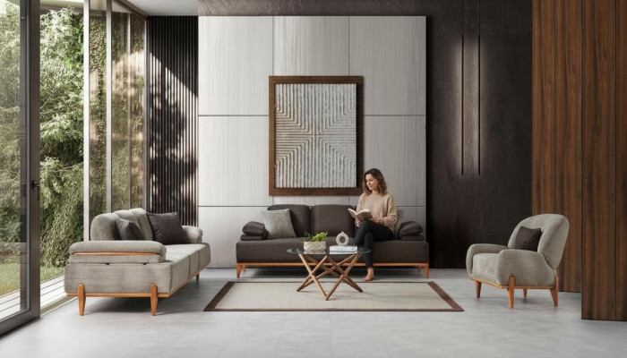 Conjunto completo de sala de estar marrón-gris, sofá tapizado y silla de 3 piezas.