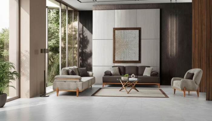 Conjunto completo de sala de estar marrón-gris, sofá tapizado y silla de 3 piezas.