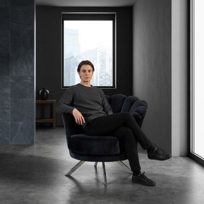 Silla de coctel, sillón de orejas, sillón tapizado de tela, negro, asiento.