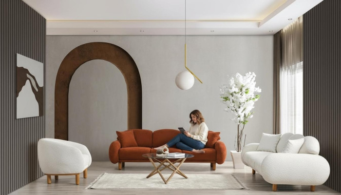 Conjunto de sofás blancos Elegante sofá de tres plazas de tela acolchado