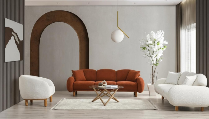 Conjunto de sofás blancos Elegante sofá de tres plazas de tela acolchado