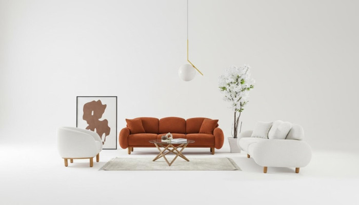Conjunto de sofás blancos Elegante sofá de tres plazas de tela acolchado