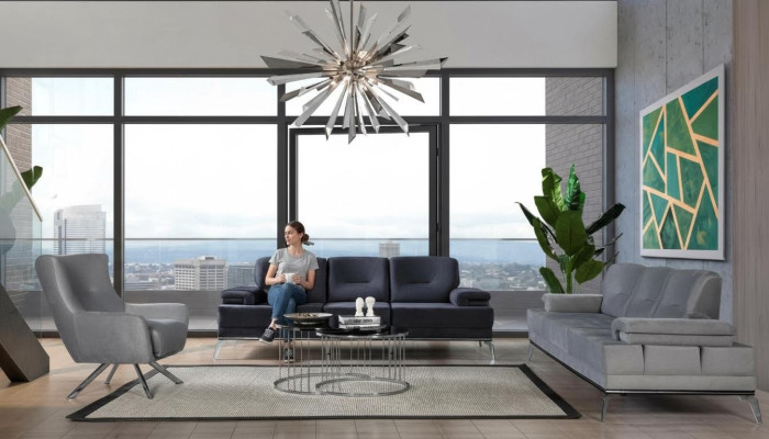 Conjunto completo de sofás de tela, modernos sofás tapizados de tres plazas y sillón.