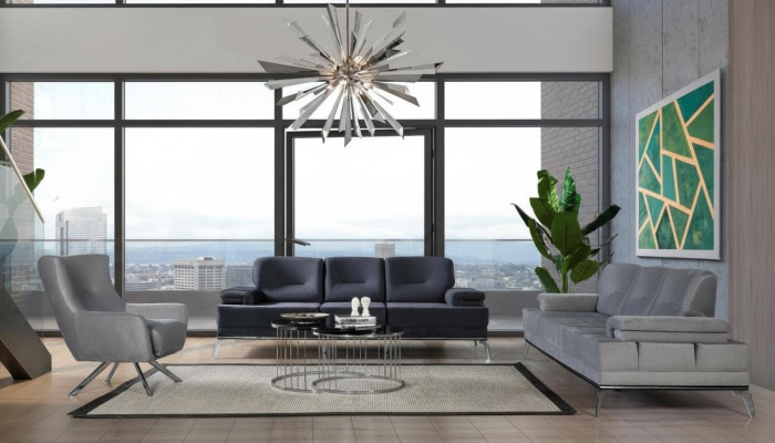 Conjunto completo de sofás de tela, modernos sofás tapizados de tres plazas y sillón.