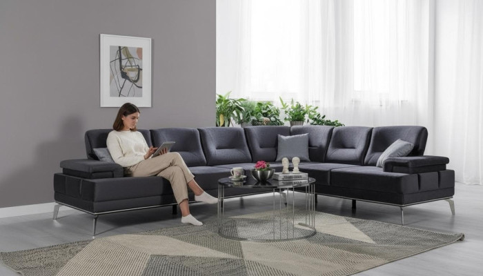 Sofá tapizado gris, sofá esquinero de acero inoxidable de diseño, muebles de salón modernos.