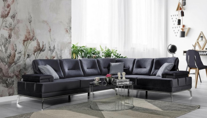 Sofá tapizado gris, sofá esquinero de acero inoxidable de diseño, muebles de salón modernos.