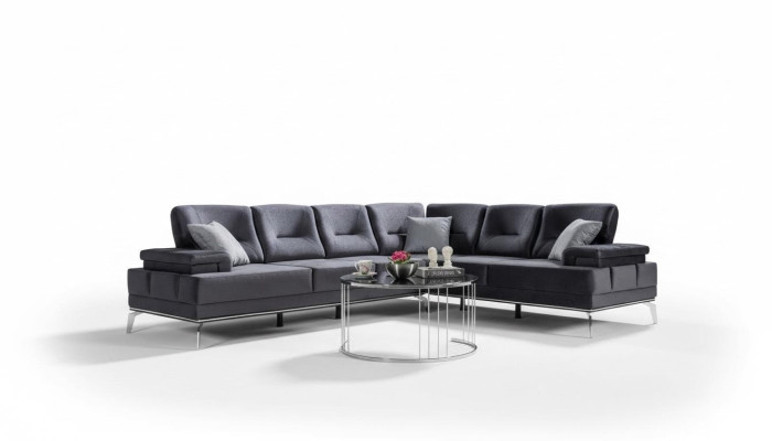 Sofá tapizado gris, sofá esquinero de acero inoxidable de diseño, muebles de salón modernos.