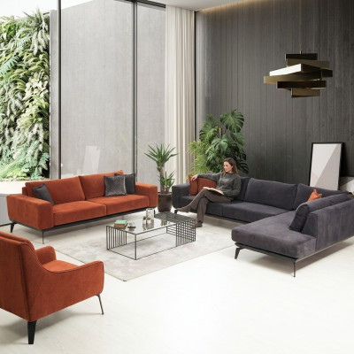 Sofá de lujo gris-naranja Conjunto de muebles de sala de estar 3 plazas Sofá esquinero