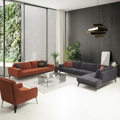 Sofá de lujo gris-naranja Conjunto de muebles de sala de estar 3 plazas Sofá esquinero