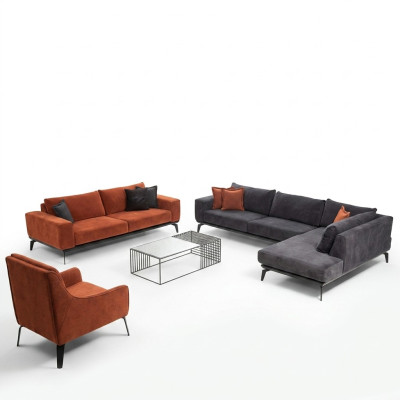 Sofá de lujo gris-naranja Conjunto de muebles de sala de estar 3 plazas Sofá esquinero