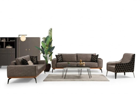 Completo conjunto de sofás para la sala de estar. 2 sofás de 3 plazas en tela y sillón de 3 piezas.