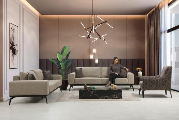 Sofás de tela beige Conjunto completo Sofás de tres plazas Sillones