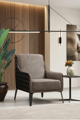 Sillón orejero de tela gris, tapizado, de una plaza.