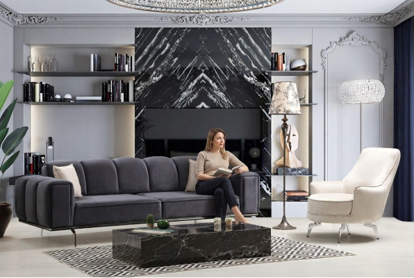 Conjunto completo de sofá de tres plazas, sillón y sofá en tela gris.