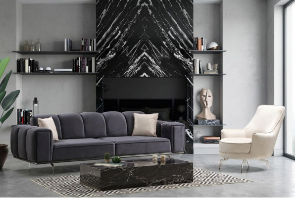 Conjunto completo de sofá de tres plazas, sillón y sofá en tela gris.