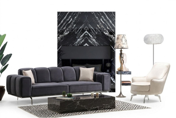 Conjunto completo de sofá de tres plazas, sillón y sofá en tela gris.