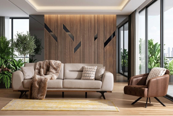 Conjunto de sofá clásico, sofá de tela de tres plazas en beige y sillón tapizado.