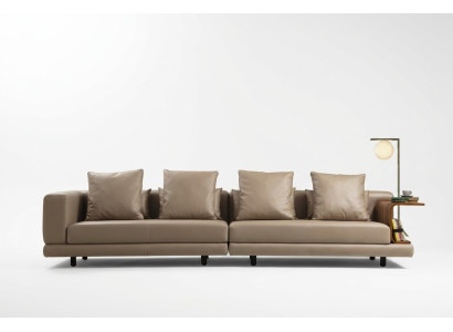 Sofá de cuatro plazas beige, sofá de 4 plazas con tapicería moderna de cuero sintético.