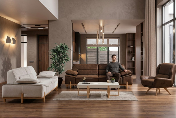 Conjunto completo de sofás Tres plazas Sillón Sofá Marrón Tela 3 piezas