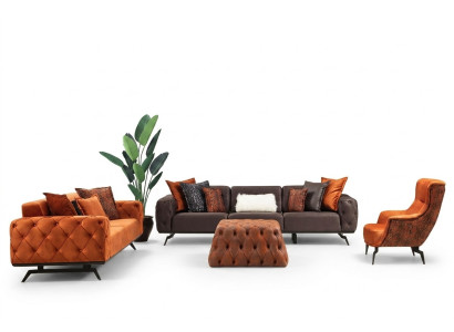 Conjunto de sofás de cuatro plazas, sofá de tres plazas y sillón naranja. Sofá de 3 piezas de tela.