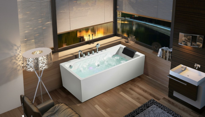Bañera de hidromasaje Spa con luces LED, chorros de masaje y burbujas.