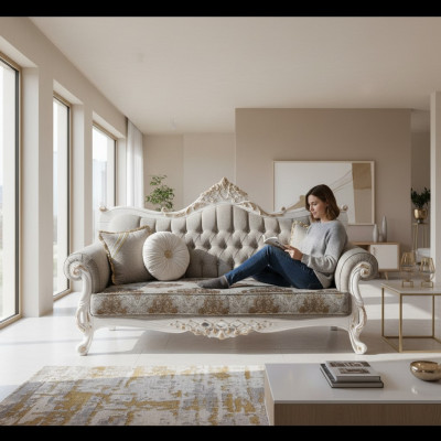 Sofá clásico con diseño Chesterfield para la sala de estar. Área de estar en gris.