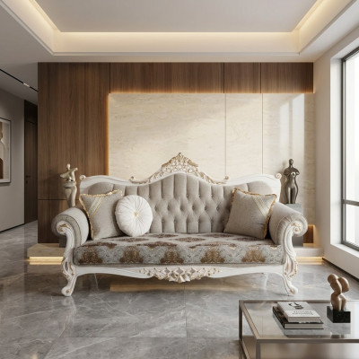 Sofá clásico con diseño Chesterfield para la sala de estar. Área de estar en gris.