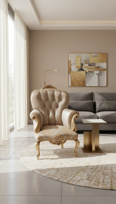 Sillón clásico con decoración beige y diseño Chesterfield para la sala de estar.
